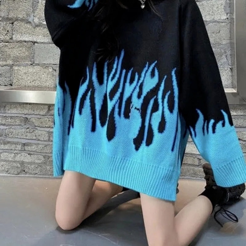 y2k-kawaii-fashion-Oversized Fire Knitted Sweater-Blue-S-Pinky Dollz