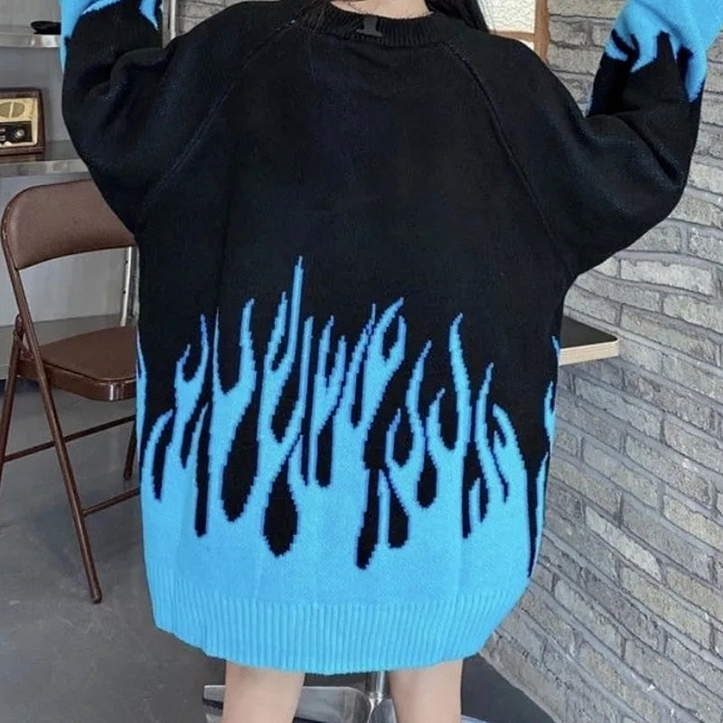 y2k-kawaii-fashion-Oversized Fire Knitted Sweater--Pinky Dollz
