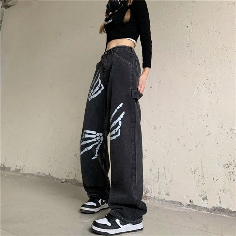 y2k-kawaii-fashion-Y2K Skeleton Hands Baggy Jeans--Pinky Dollz