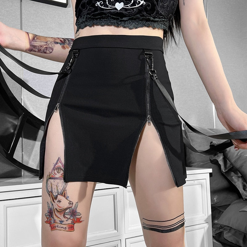 y2k-kawaii-fashion-Black Zip Skirt-Black-S-Pinky Dollz