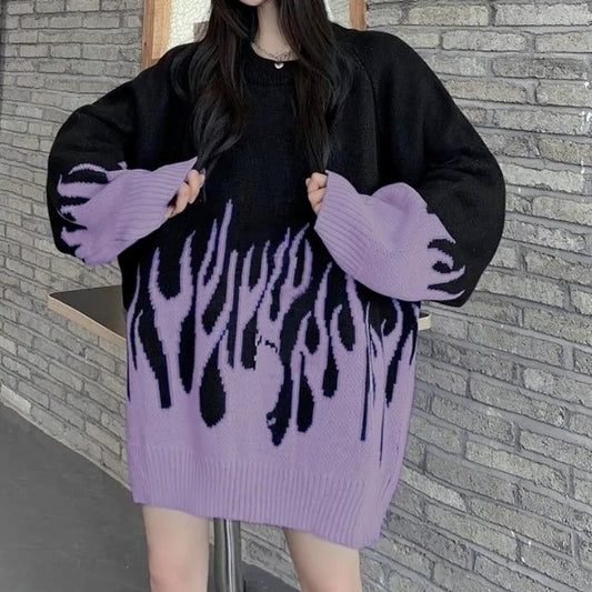 y2k-kawaii-fashion-Oversized Fire Knitted Sweater-Purple-S-Pinky Dollz