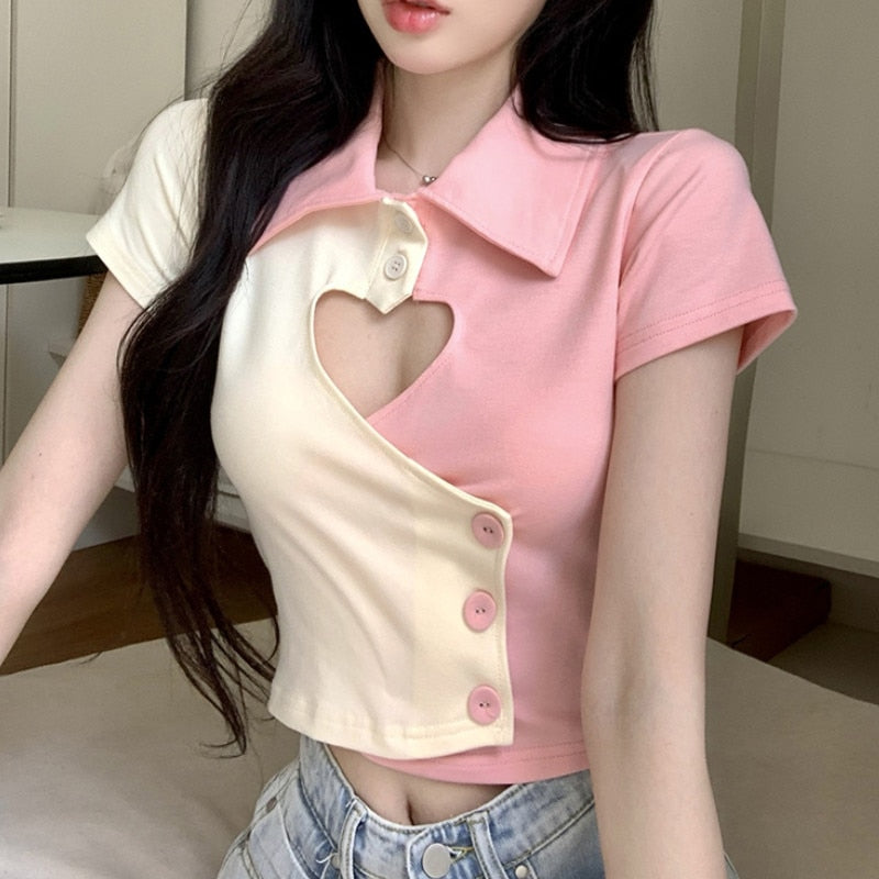 y2k-kawaii-fashion-Contrast Heart Cut Out Collared Top--Pinky Dollz