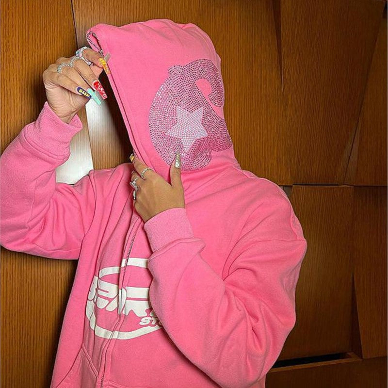 y2k-kawaii-fashion-Pink Rhinestone Star Zip Hoodie--Pinky Dollz