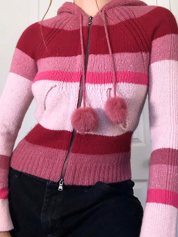 y2k-kawaii-fashion-Pink Stripe Hooded Zip Up Knitted Cardigan--Pinky Dollz