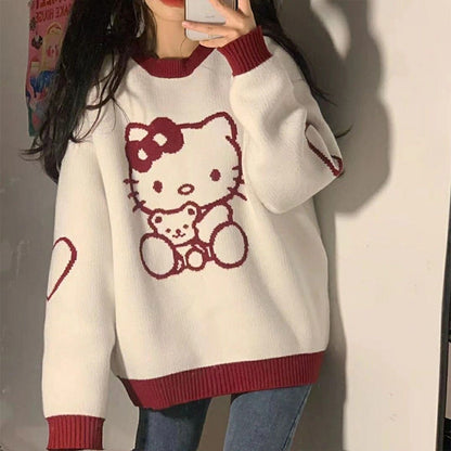 y2k-kawaii-fashion-Hello Kitty Oversized Knit Pullover-White-S-Pinky Dollz