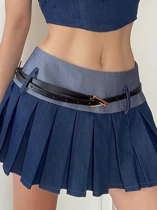 y2k-kawaii-fashion-Y2K Denim Low Waist Pleated Skirt-Blue-S-Pinky Dollz