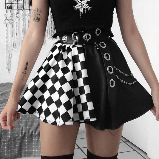 y2k-kawaii-fashion-Gothic Plaid A Line Mini Skirt-Black-S-Pinky Dollz