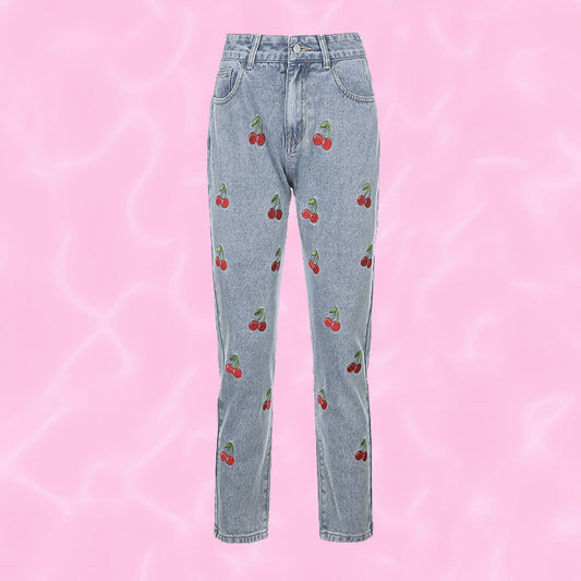 y2k-kawaii-fashion-Cherry Denim Jeans--Pinky Dollz