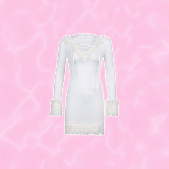 y2k-kawaii-fashion-Fur Trim Hooded Dress--Pinky Dollz
