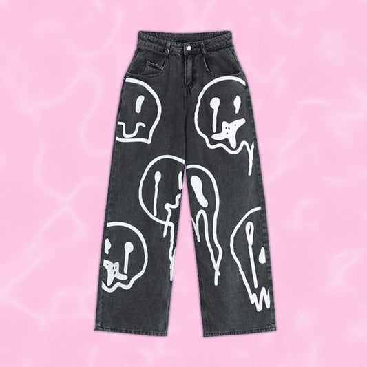 y2k-kawaii-fashion-Smiley Jeans--Pinky Dollz