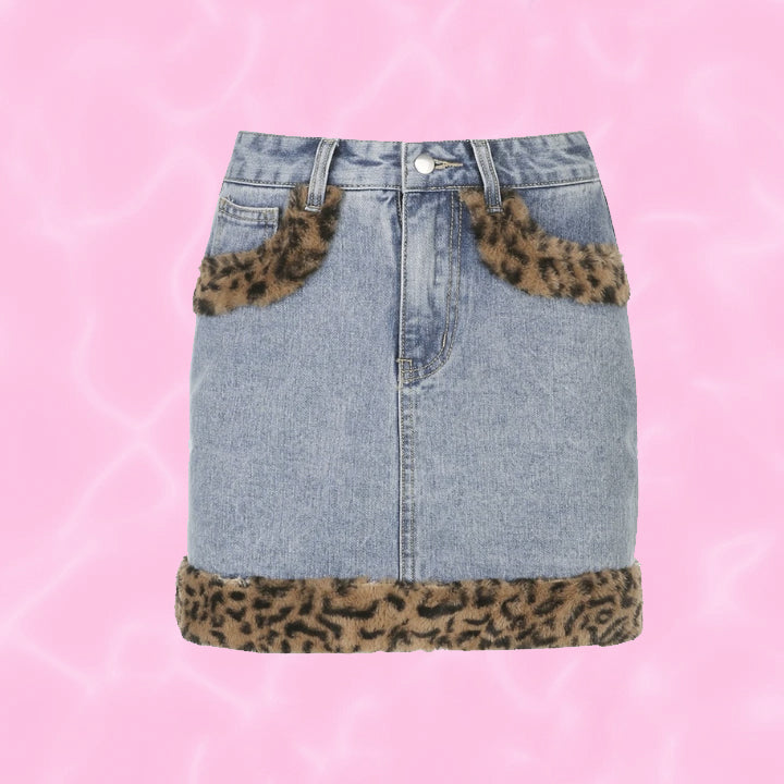 y2k-kawaii-fashion-Leopard Denim Skirt-light blue denim leopard print-S-Pinky Dollz
