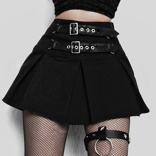 y2k-kawaii-fashion-Pleated Leather Belt Skirt-Black-L-Pinky Dollz