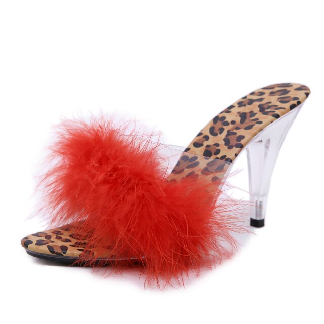 y2k-kawaii-fashion-Fluffy Leopard Heeled Slippers-Red 10cm-45-Pinky Dollz
