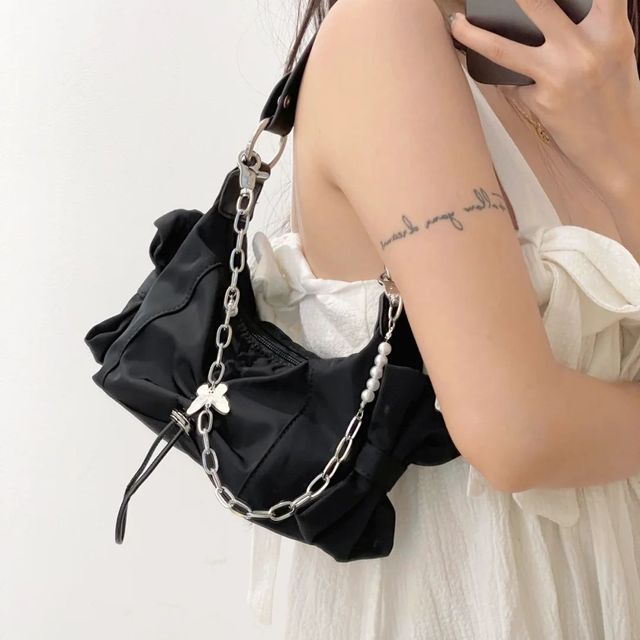 y2k-kawaii-fashion-Nylon Butterfly Handbag-Black-18X10X7cm-Pinky Dollz