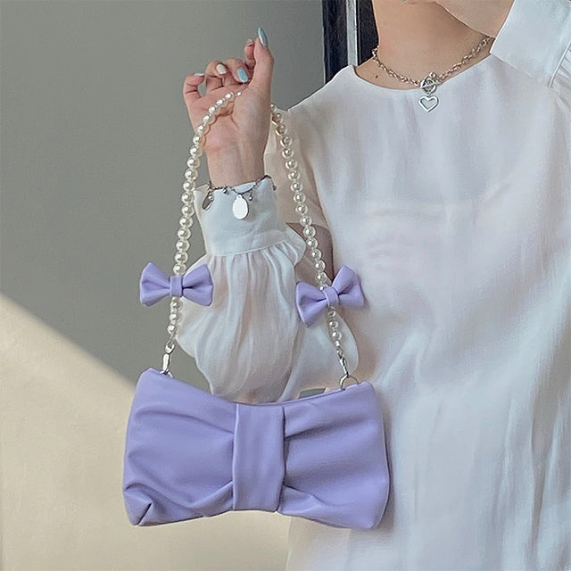y2k-kawaii-fashion-Duo Bow Pearl Chain Bag-Purple-Pinky Dollz