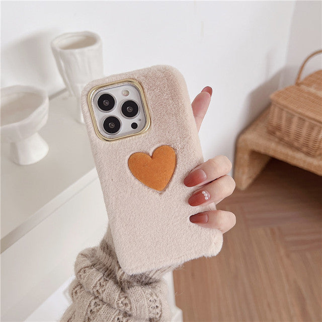 y2k-kawaii-fashion-Plush Love Heart iPhone Case-iPhone 13-Apricot-Pinky Dollz
