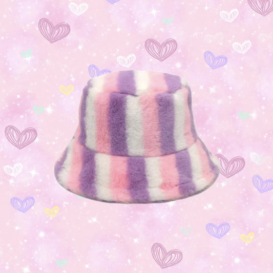y2k-kawaii-fashion-Fluffy Striped Bucket Hat--Pinky Dollz
